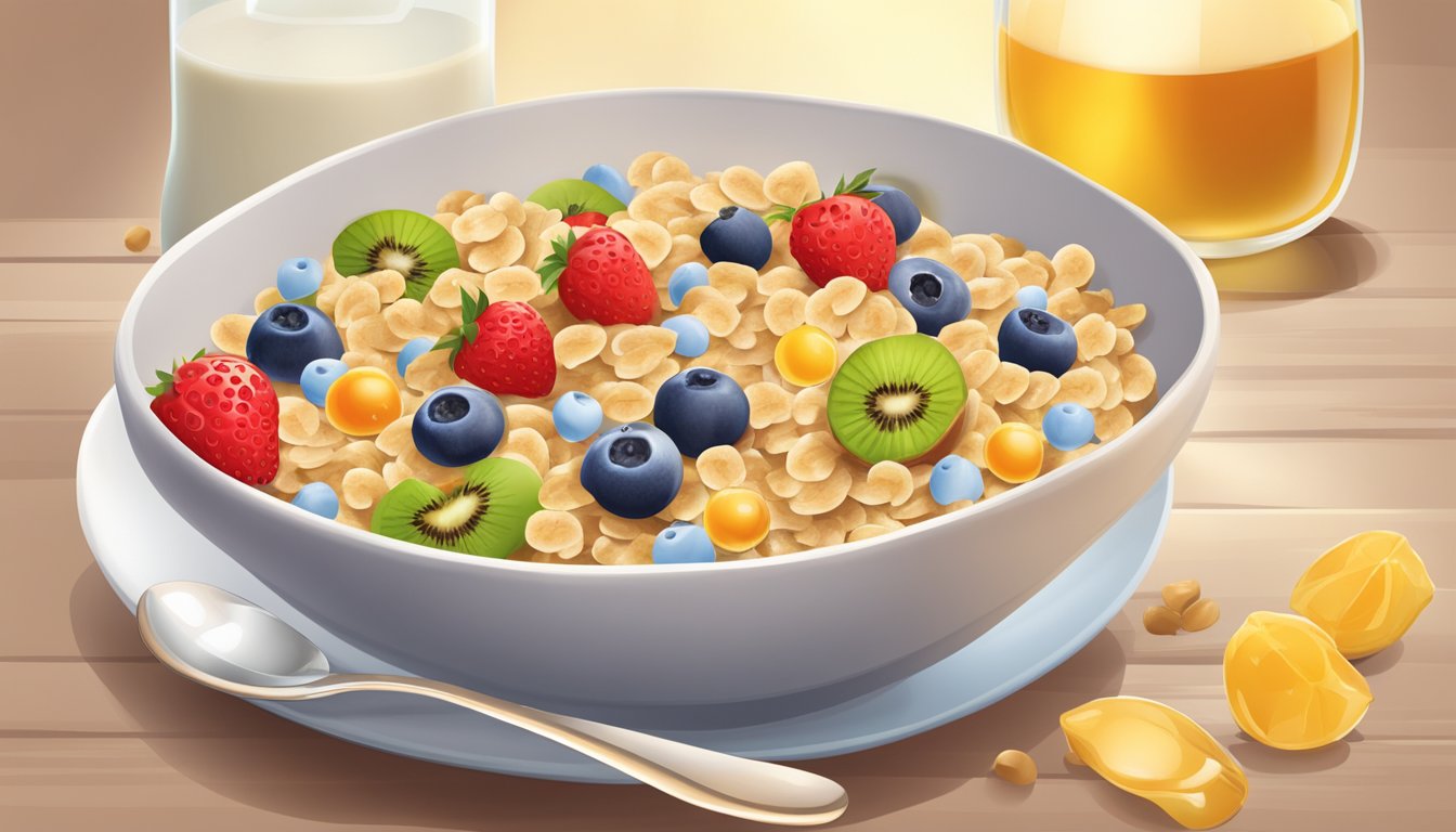 A bowl of oat cereal with honey drizzled on top, surrounded by a variety of fresh fruits and a glass of milk