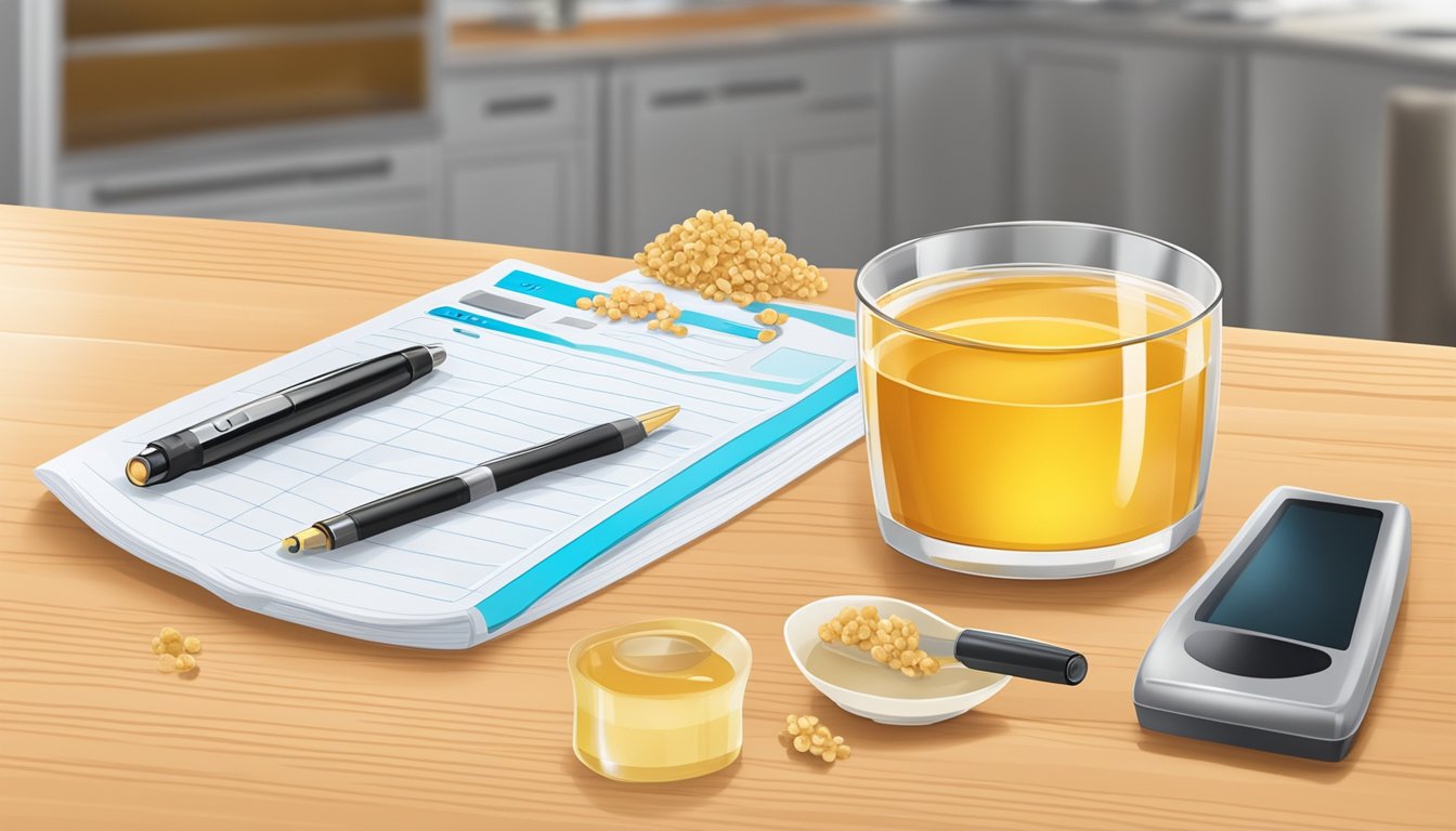 A bowl of honey-flavored oat cereal sits next to a glucometer and insulin pen on a kitchen table