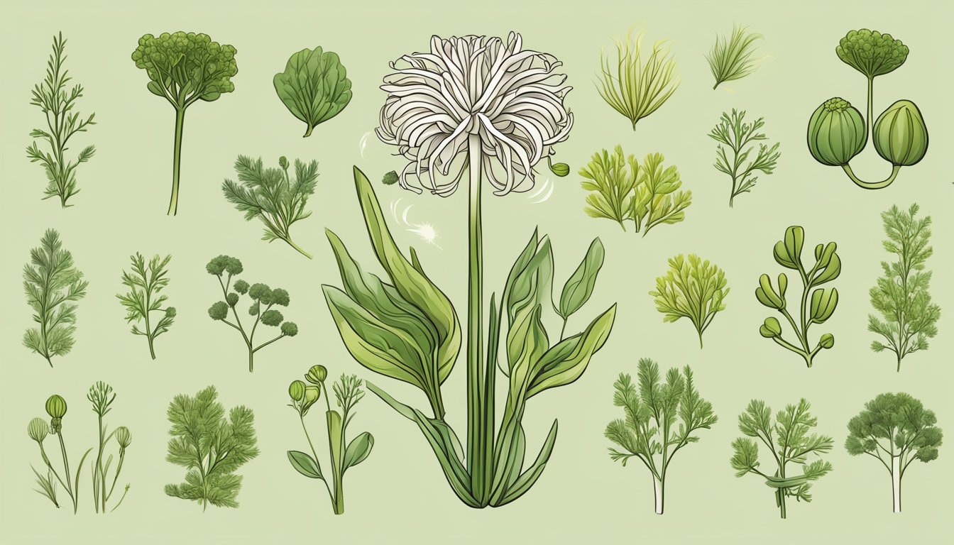 A colorful, vibrant illustration of fennel plant with its bulb, stalks, and feathery green leaves, surrounded by icons representing its nutritional benefits