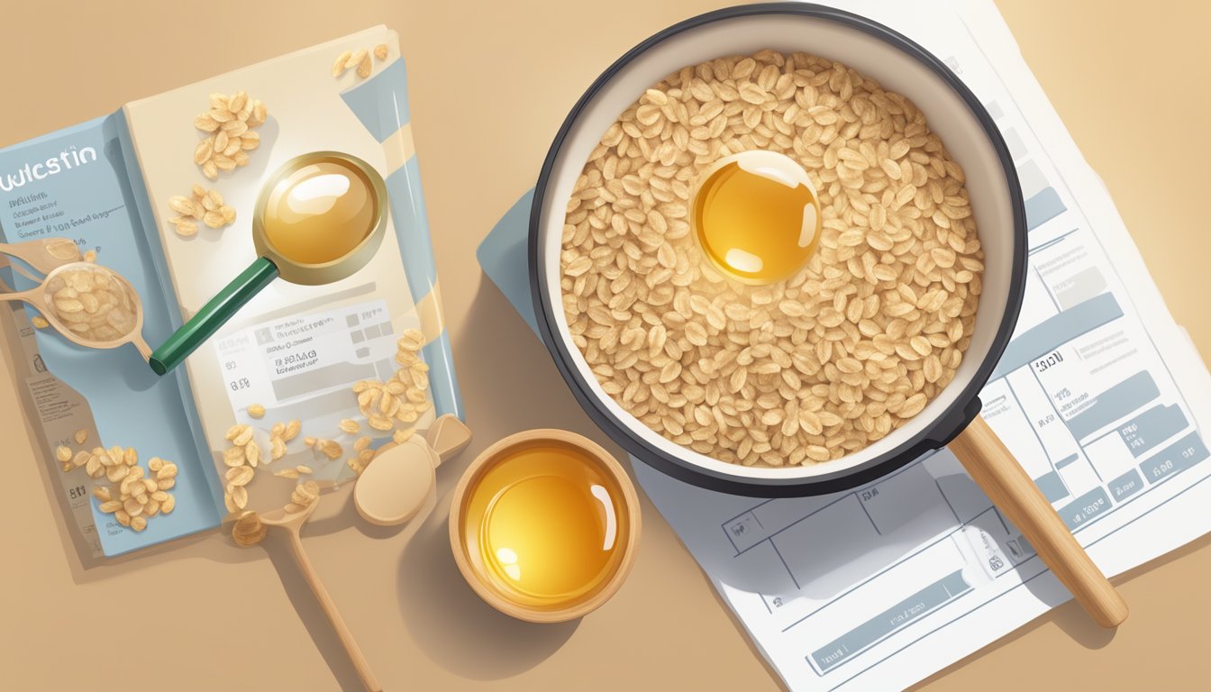 A bowl of honey-flavored oat cereal with a magnifying glass and nutrition label next to it