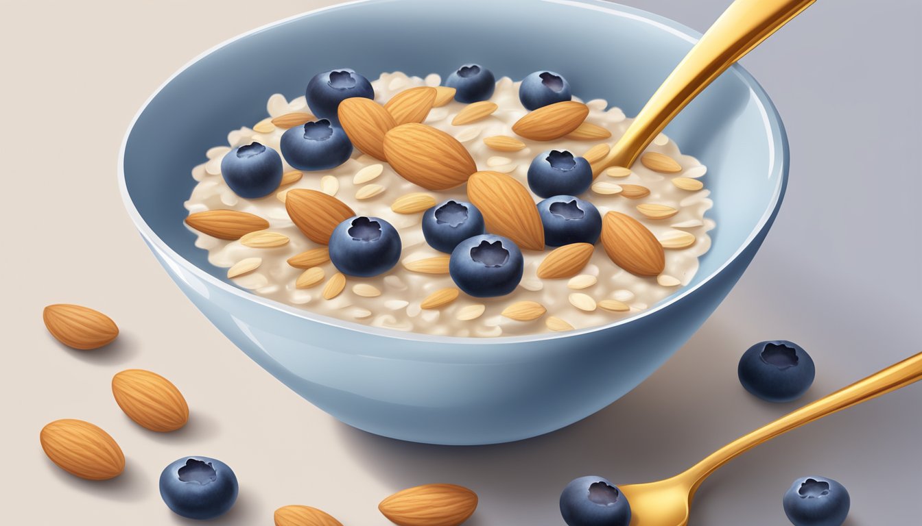 A bowl of oat cereal with fresh blueberries, sliced almonds, and a drizzle of honey on top, surrounded by a glass of almond milk and a spoon