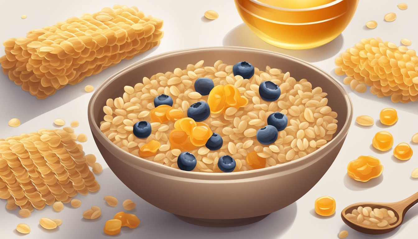 A bowl of honey-flavored oat cereal with a spoon, surrounded by whole grains and fiber-rich foods