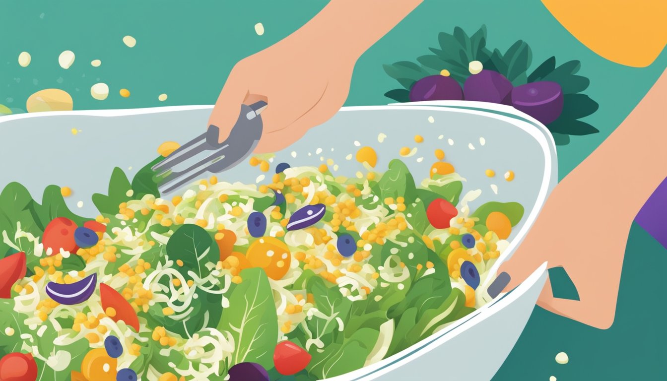 A person sprinkling fennel seeds onto a colorful salad, with a diabetes-friendly symbol in the background