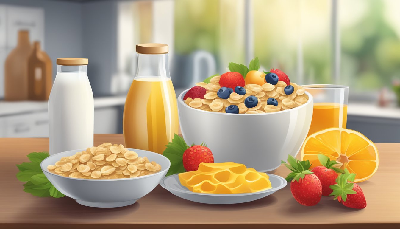 A bowl of honey-flavored oat cereal, a carton of milk, and a selection of fresh fruits on a kitchen table