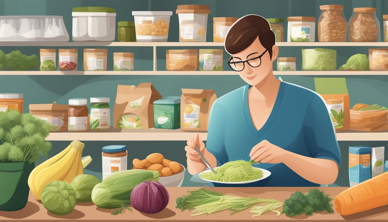 A diabetic carefully reading a food label with fennel displayed prominently on the packaging, surrounded by various other food items