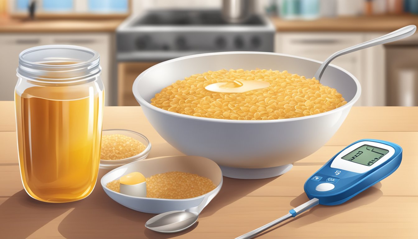 A bowl of honey-flavored oat cereal with a spoon, a carton of milk, and a blood glucose meter on a kitchen table