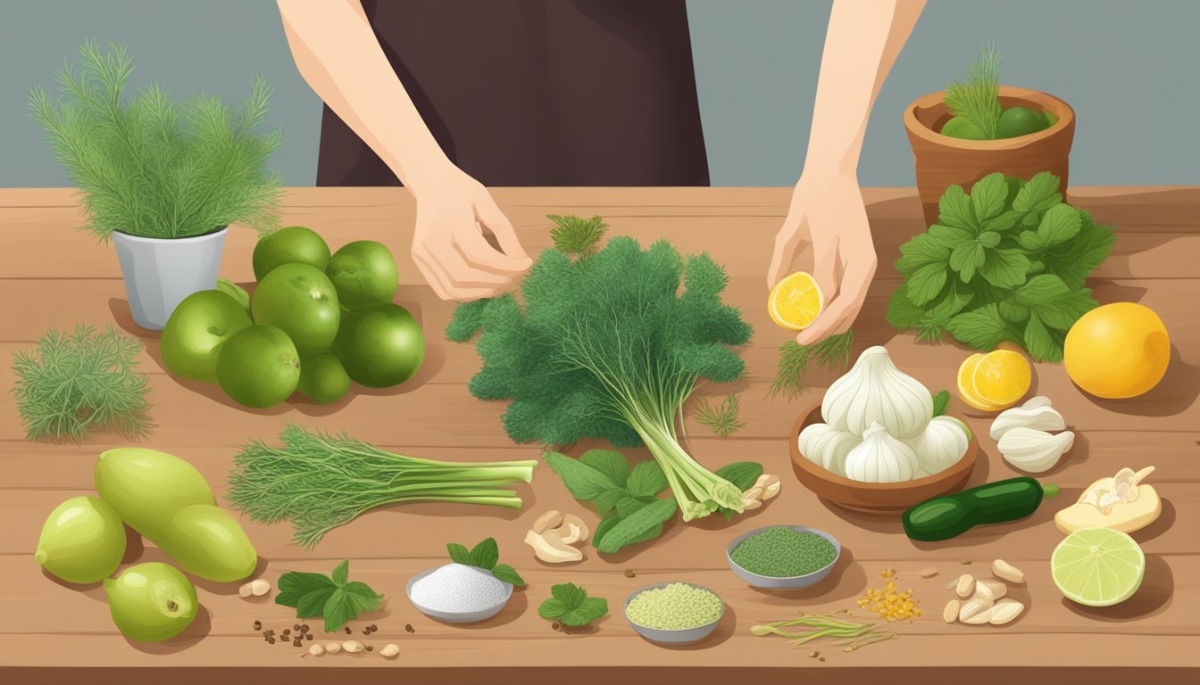 A person with diabetes holding a fennel bulb and various natural remedies, such as herbs and fruits, on a wooden table