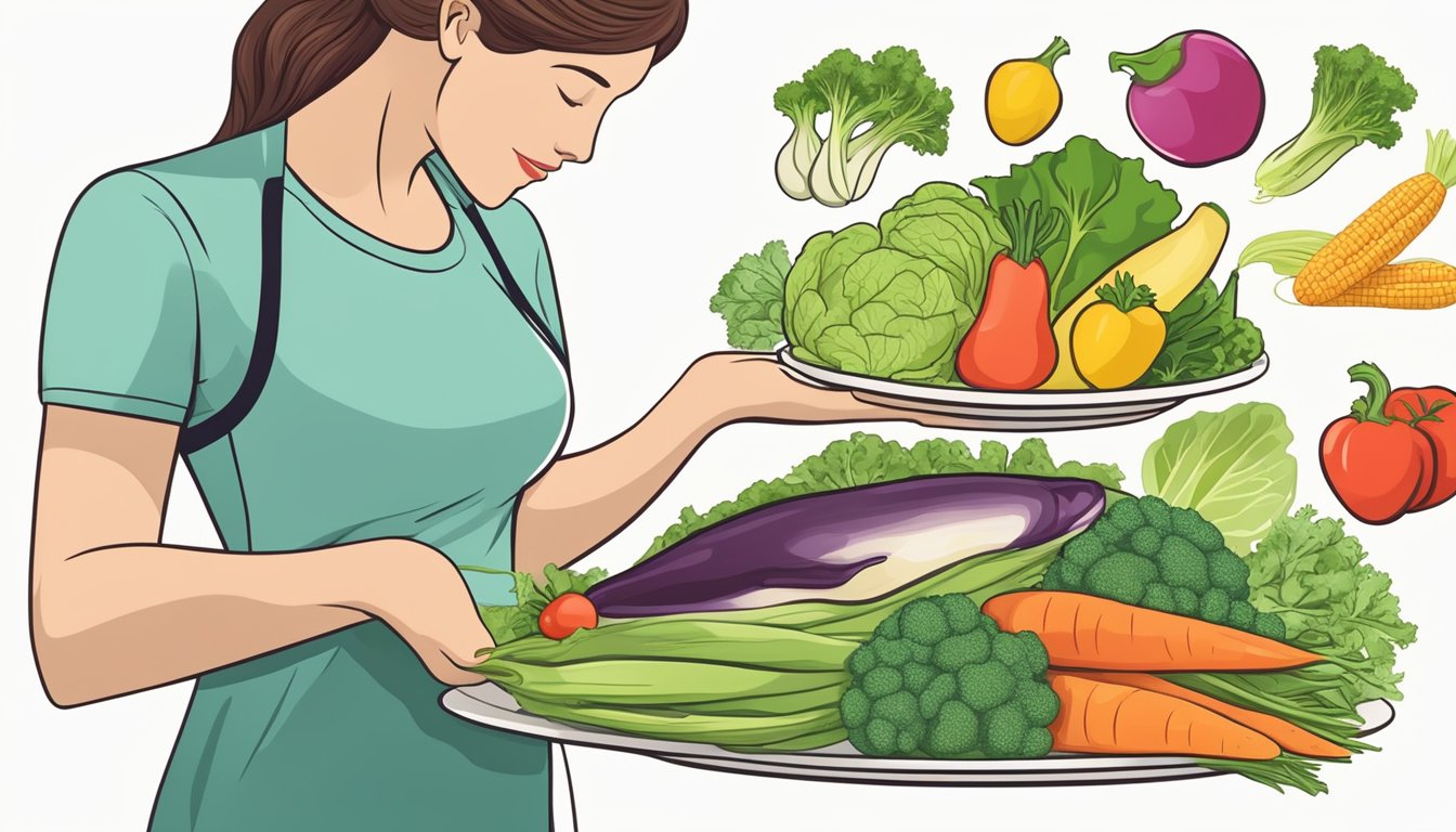 A dietician holding a plate of colorful vegetables, including endive, with a diagram of a pancreas and insulin in the background