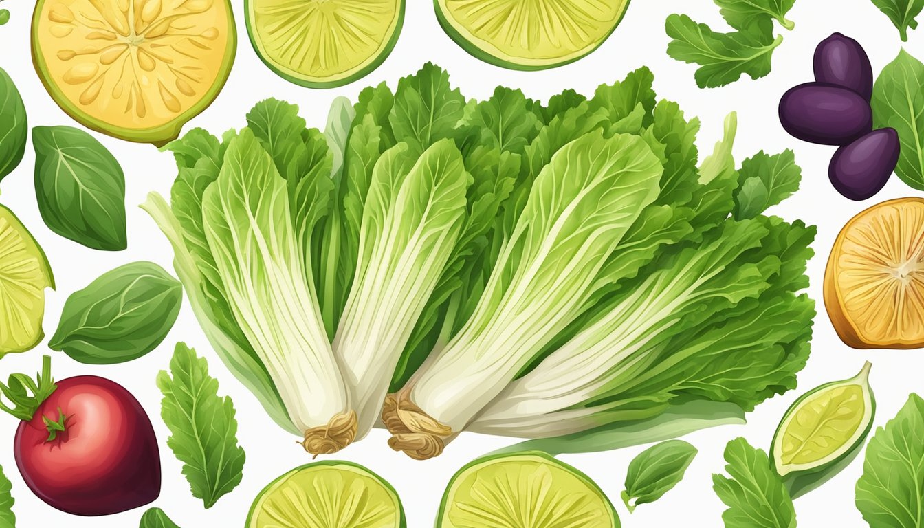 A colorful illustration of endive leaves surrounded by a variety of healthy foods, with a focus on the nutritional content of endive