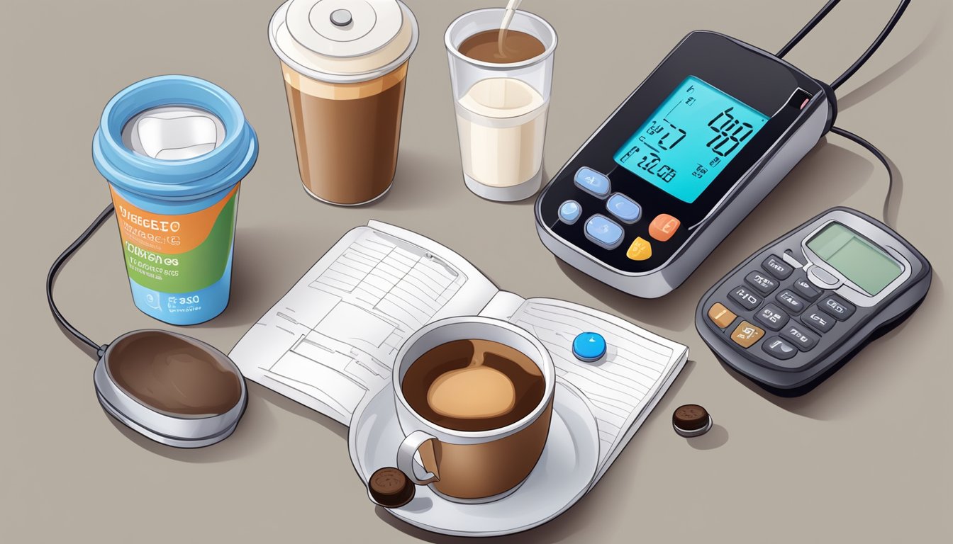 A person holding a cup of flavored coffee next to a blood sugar monitor and diabetes medication