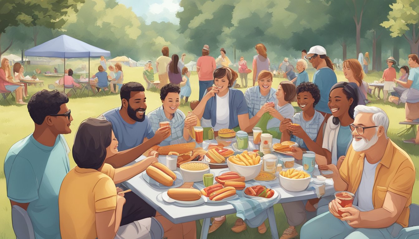 A person with diabetes enjoying a hot dog at a picnic, surrounded by friends and family