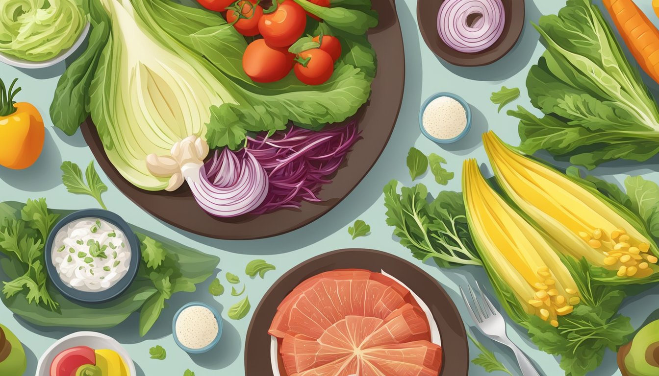 A colorful plate of diabetic-friendly foods, featuring endive alongside other fresh vegetables and lean proteins