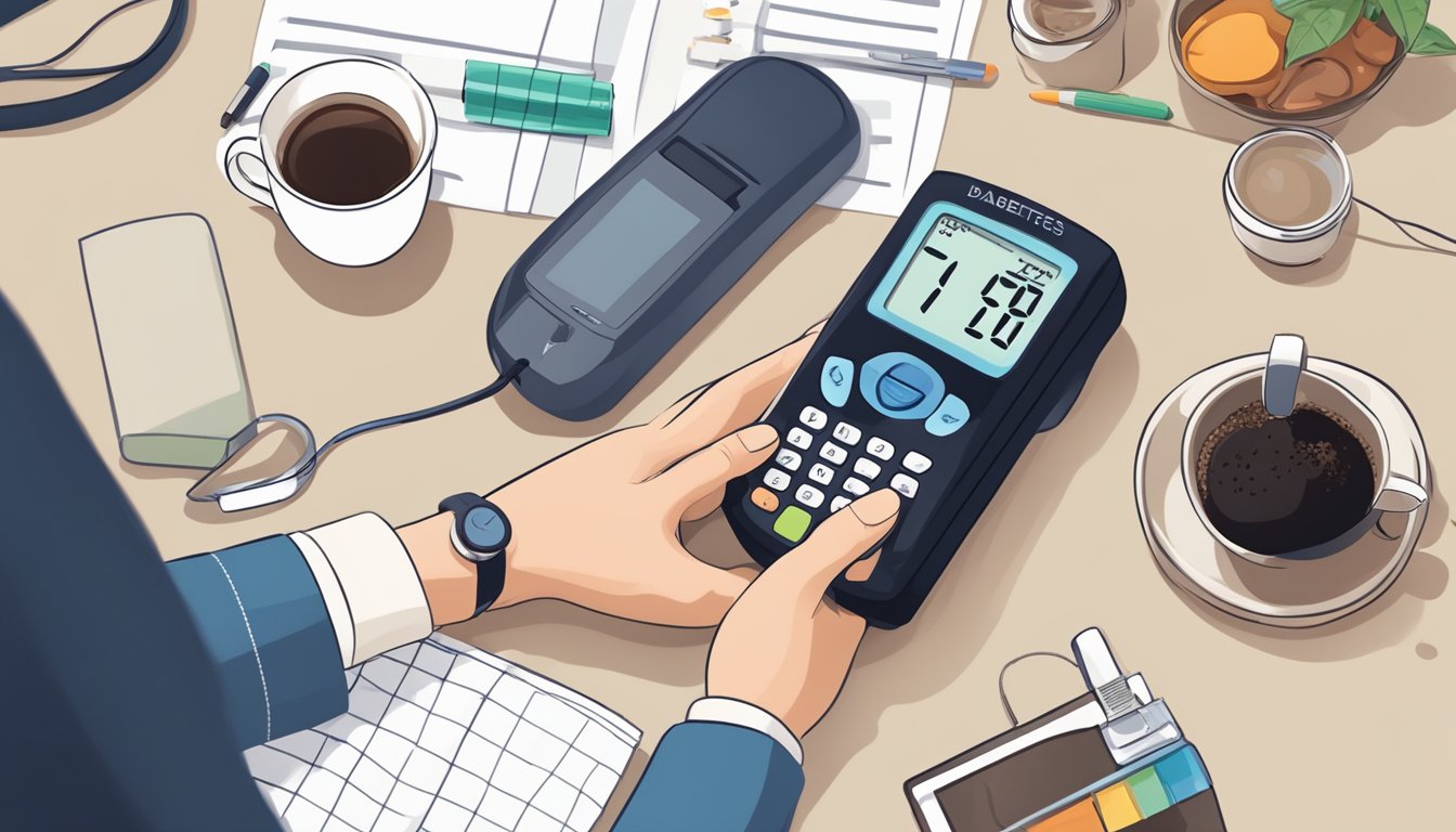 A person with diabetes holding a cup of flavored coffee, with a blood sugar monitor nearby showing a spike in levels