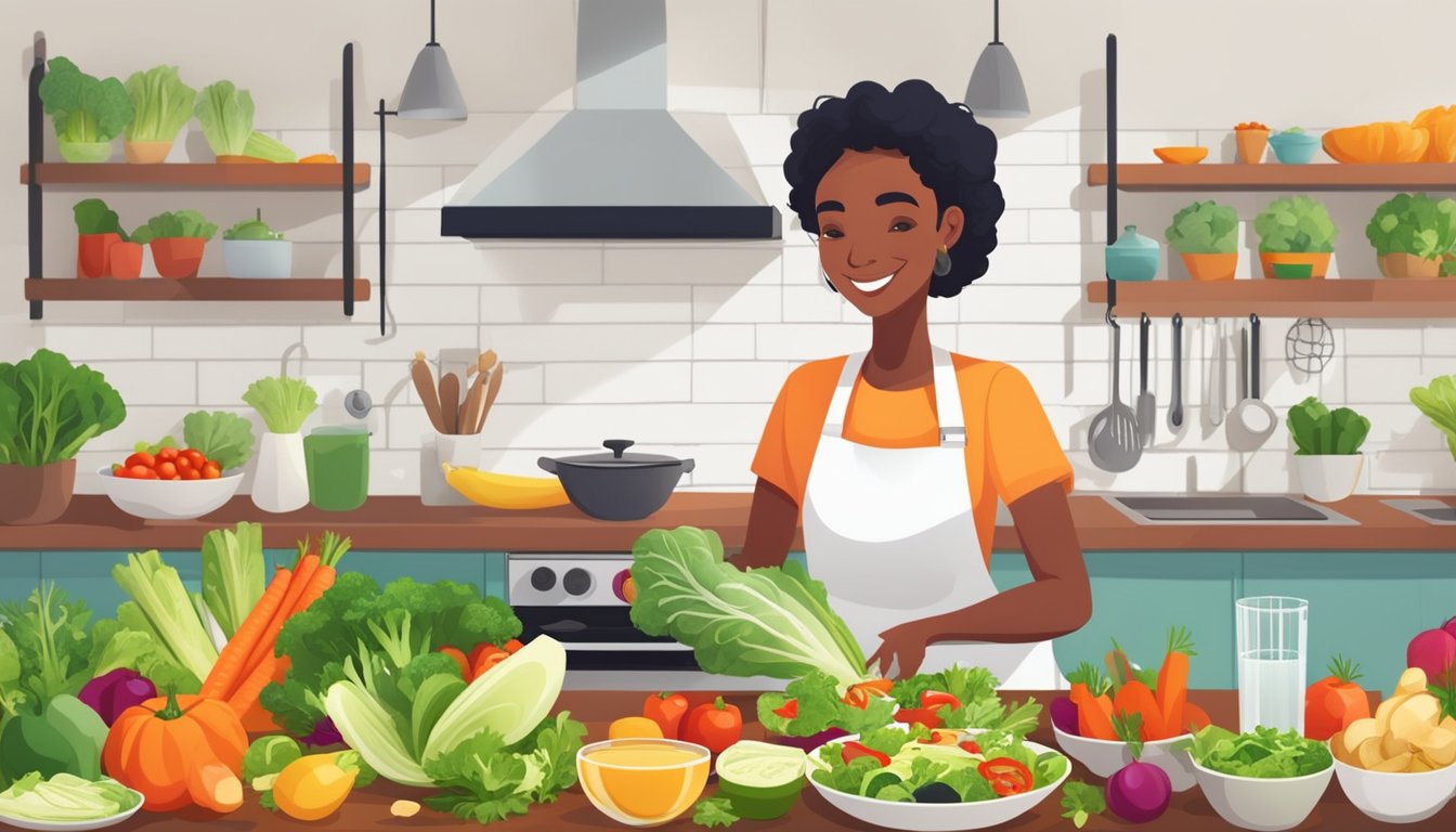 A diabetic happily preparing a colorful salad with endive, surrounded by fresh vegetables and a variety of healthy ingredients