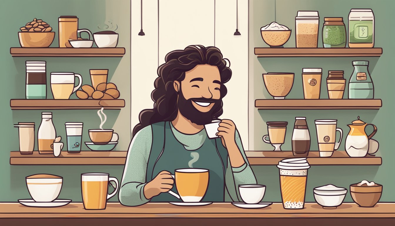 A person with diabetes enjoying a cup of flavored coffee with a smile on their face, surrounded by healthy coffee alternatives like almond milk and sugar-free sweeteners