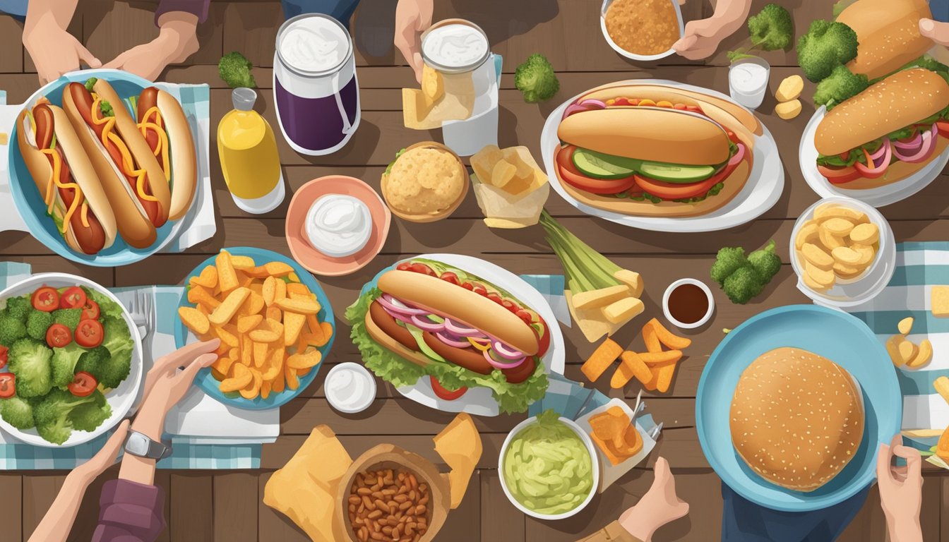 A picnic table with a plate of hot dogs, surrounded by a variety of diabetic-friendly food options such as vegetables, whole grain buns, and low-sugar condiments