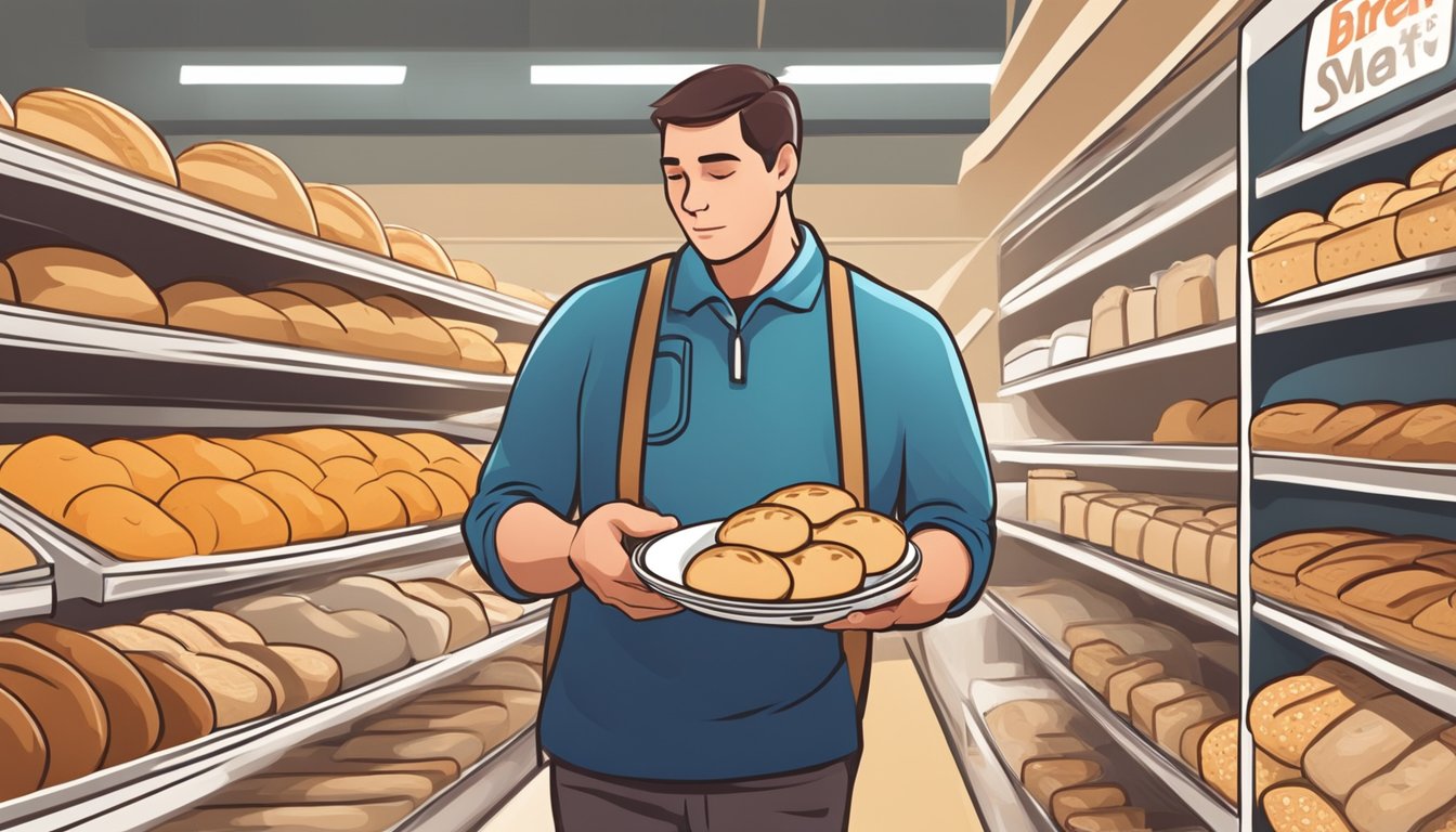 A person with diabetes carefully selecting a whole wheat English muffin from a variety of bread options in a grocery store