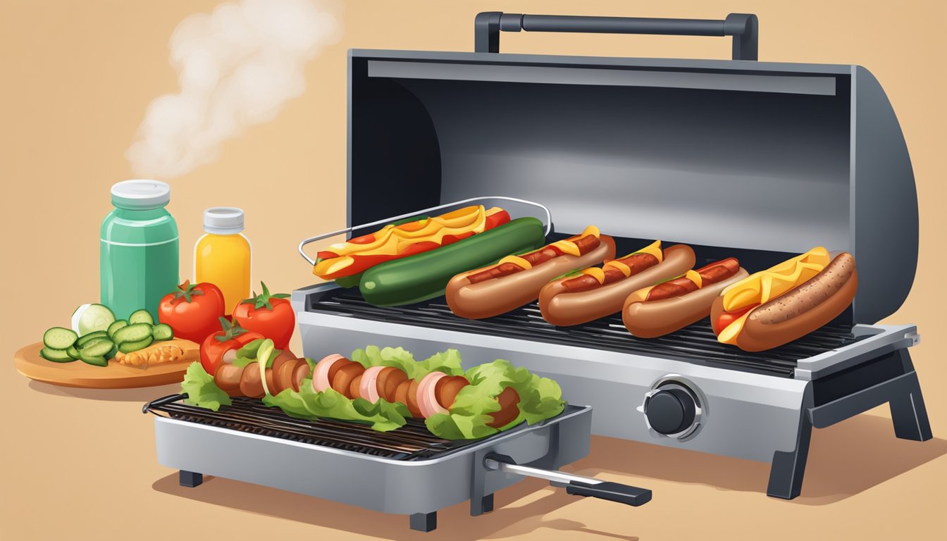 A diabetic person grills vegetables and chicken sausages for a hot dog alternative