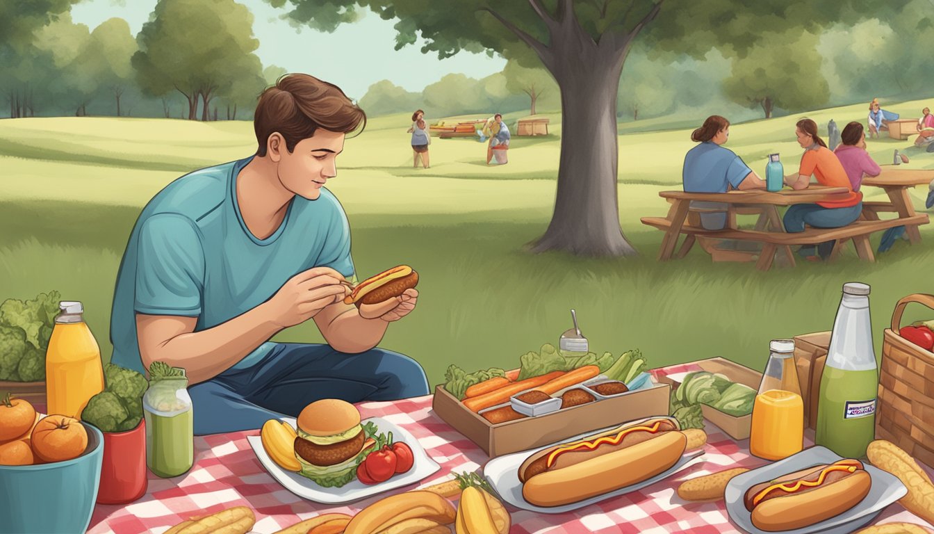 A person at a picnic choosing a hot dog with whole wheat bun, lots of vegetables, and no sugary condiments