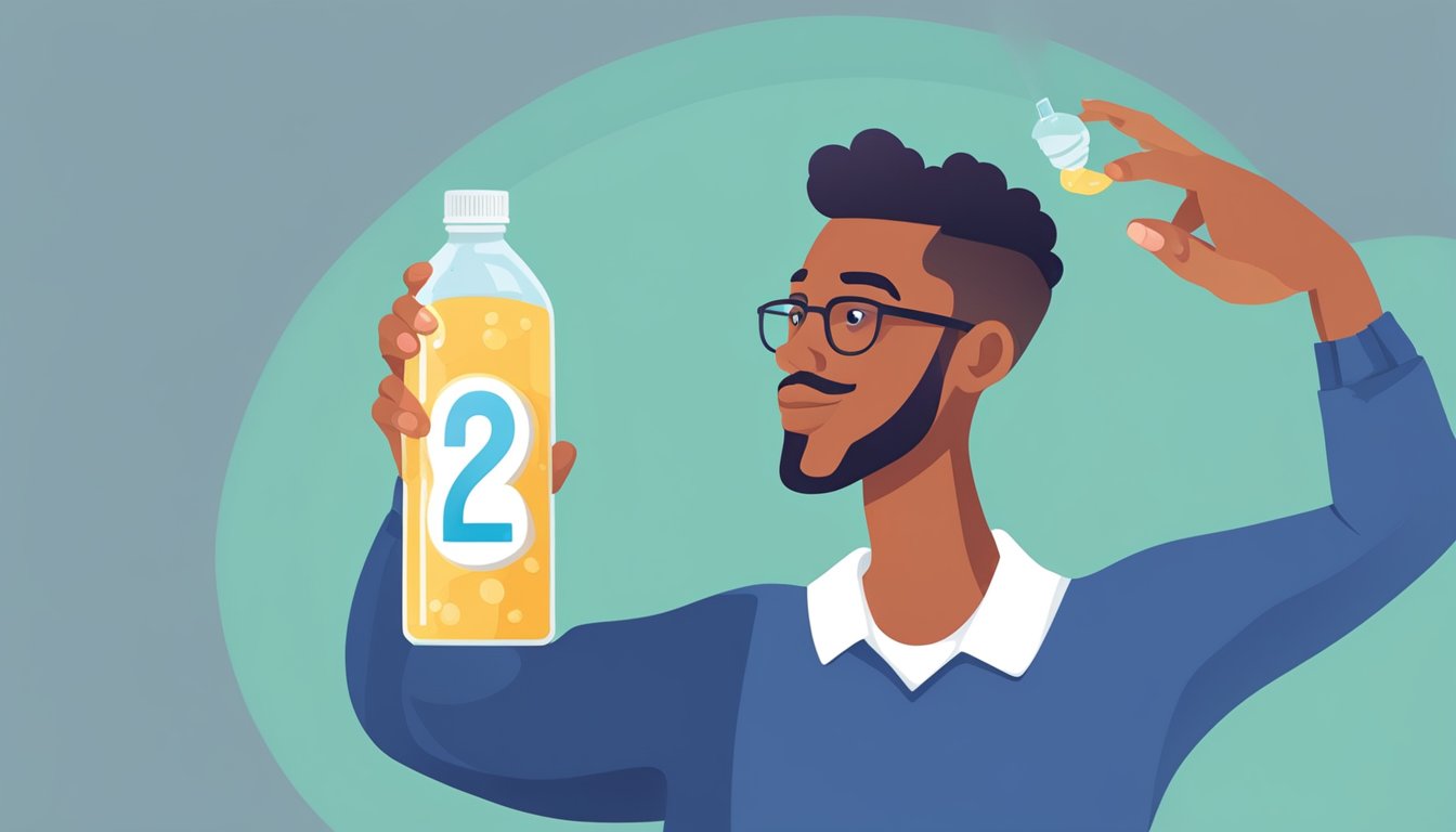 A person with diabetes holding a bottle of flavored water, with a question mark above their head