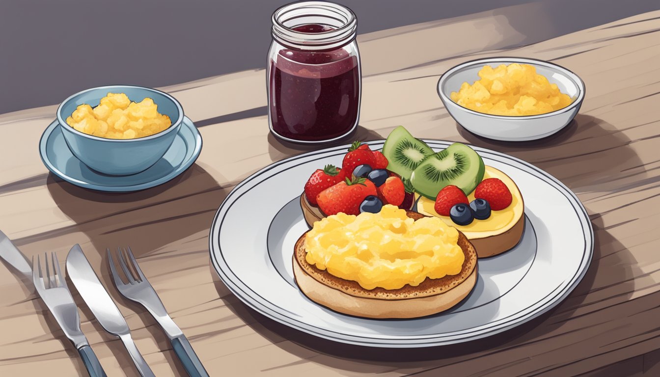 A plate with a toasted English muffin, topped with sugar-free jam, and a side of scrambled eggs and fresh fruit