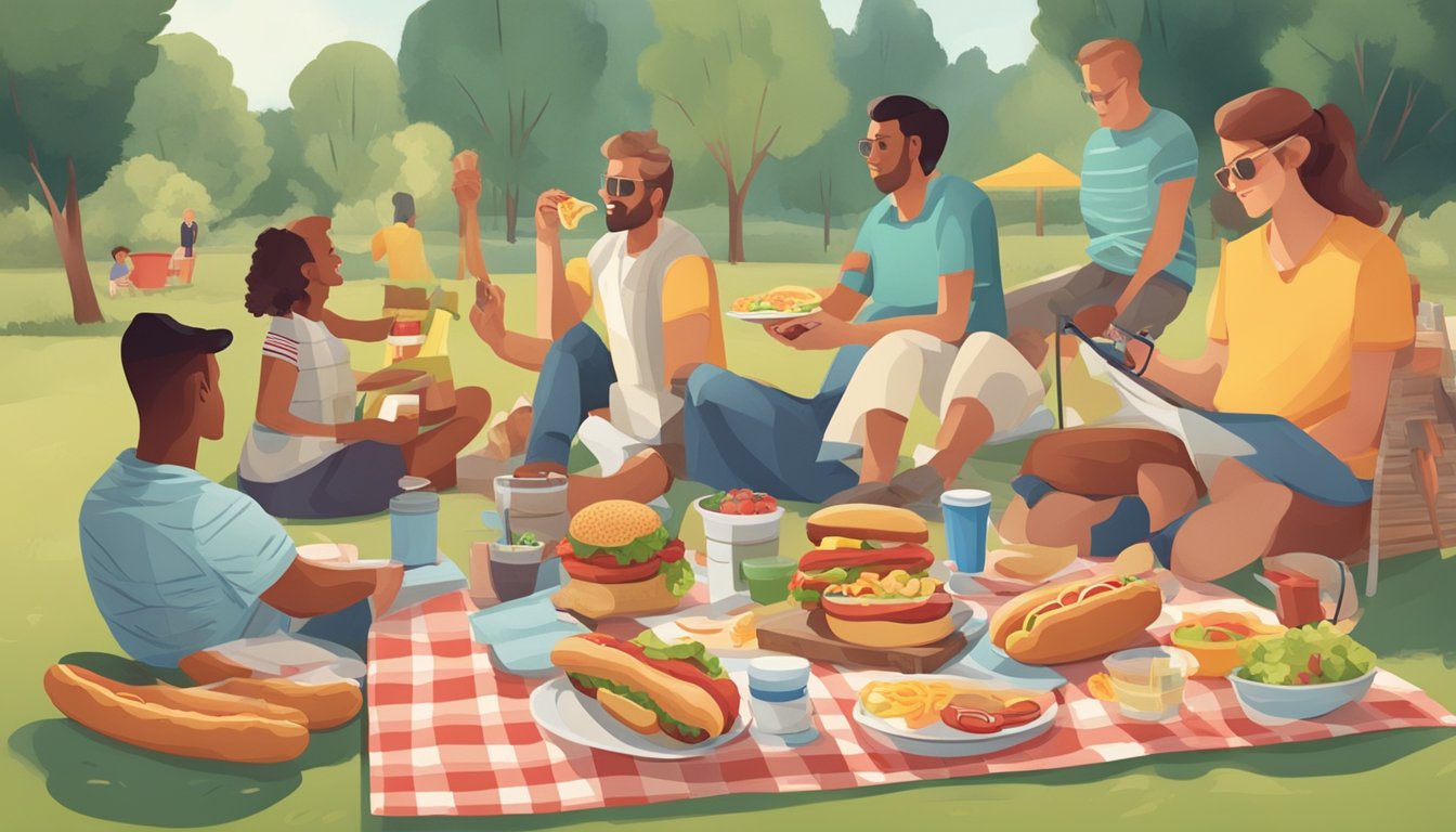 A picnic scene with a table set with a variety of food items, including hot dogs, and a person with a diabetes monitoring device nearby