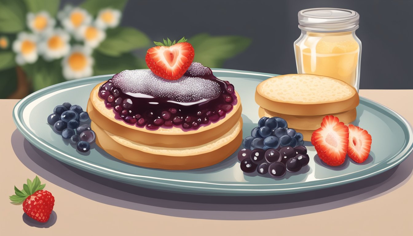 A plate with a toasted English muffin, topped with sugar-free jam and a side of fresh berries