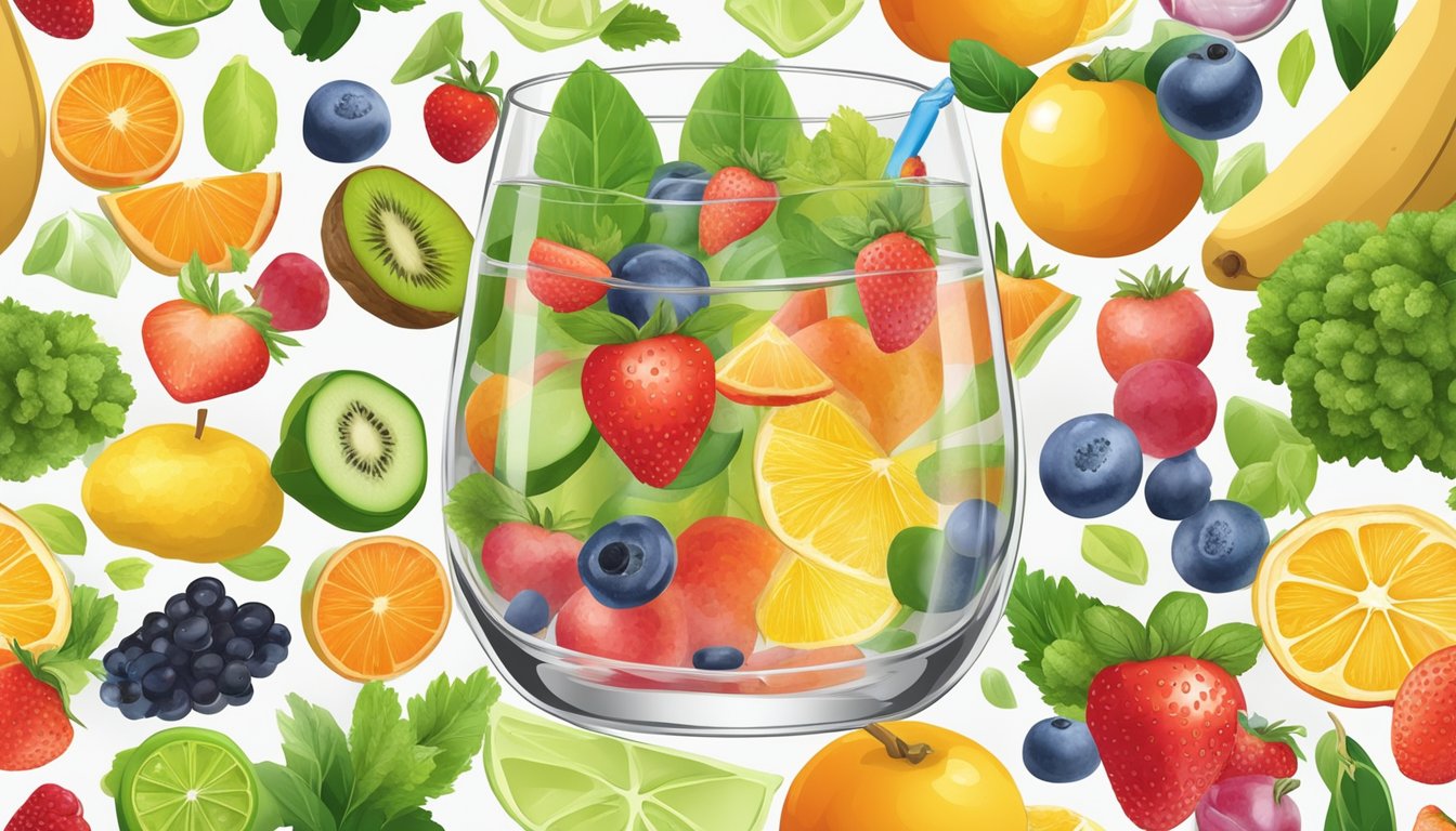 A glass of flavored water with nutritional additives, surrounded by various fruits and vegetables