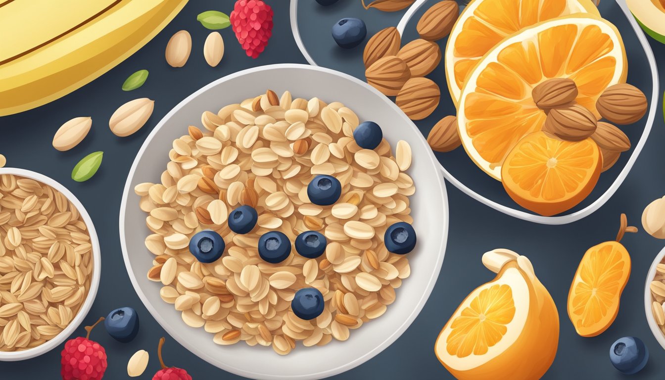 A colorful array of wholesome ingredients like oats, nuts, and seeds, surrounded by ripe fruits and a glass of water