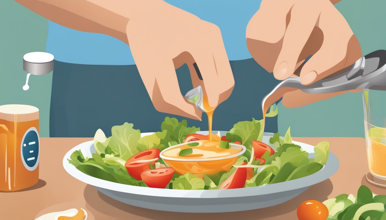 A person with diabetes pouring French dressing onto a salad