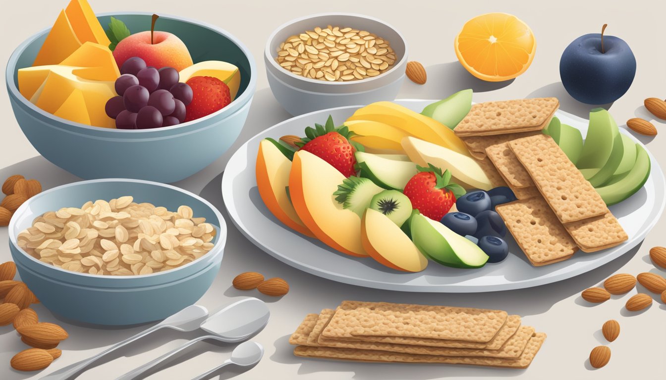 A table with a variety of diabetic-friendly snacks, including fresh fruits, nuts, and whole grain crackers. A package of instant oatmeal and pre-packaged vegetable sticks are also displayed