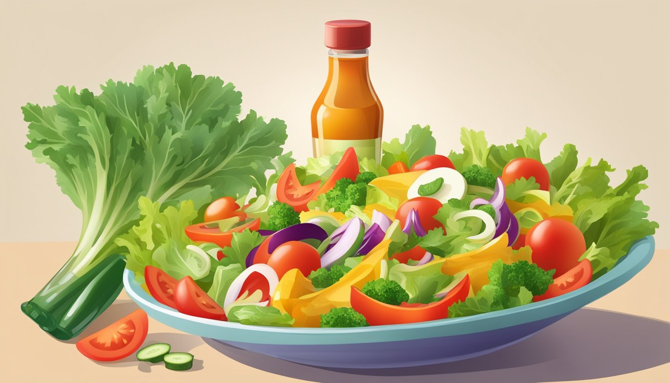 A colorful salad bowl with fresh vegetables and a bottle of French dressing on the side