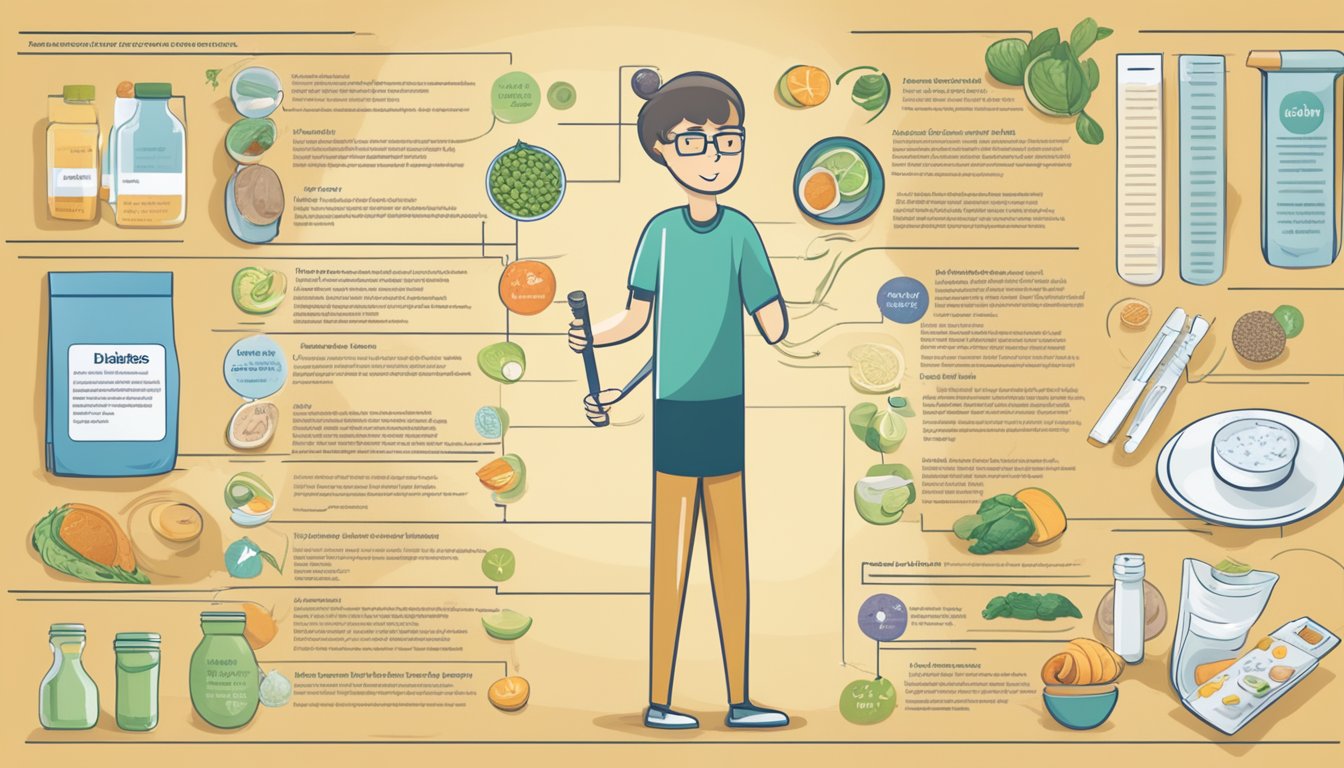 A person with diabetes holding a fiber bar while surrounded by a variety of dietary options and a list of dietary considerations and restrictions