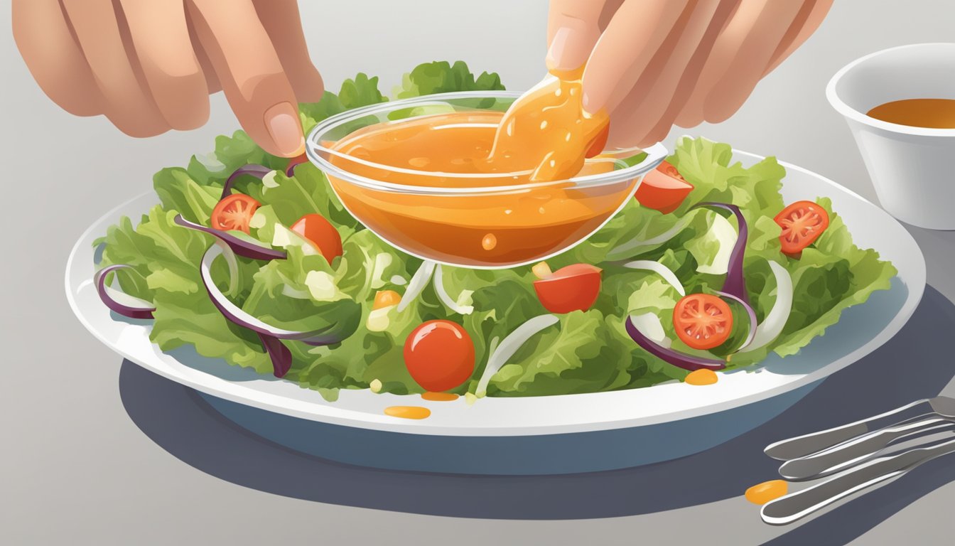 A diabetic person pouring a small portion of French dressing onto a salad