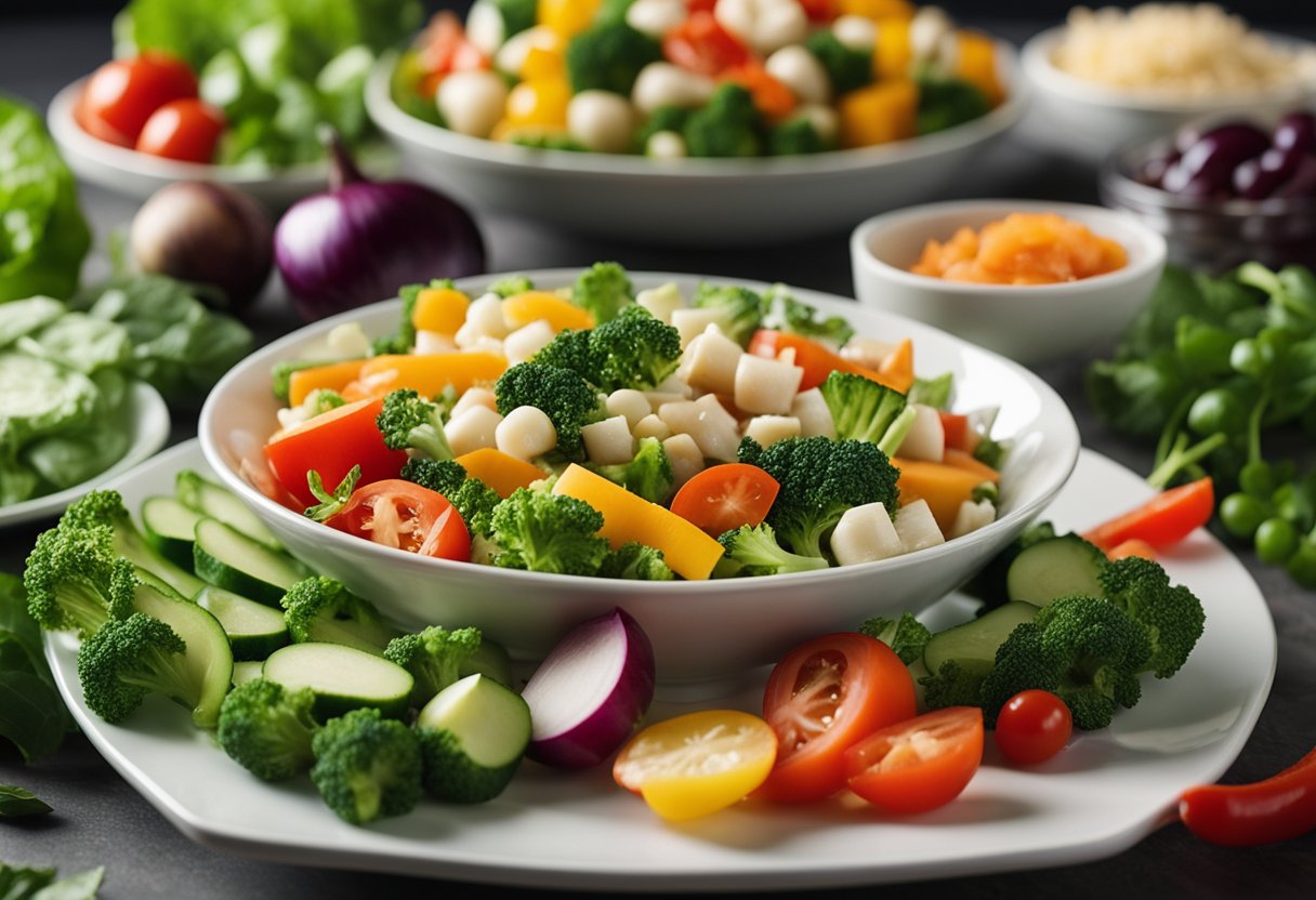 A colorful array of low-carb vegetables and lean proteins arranged on a clean, white plate