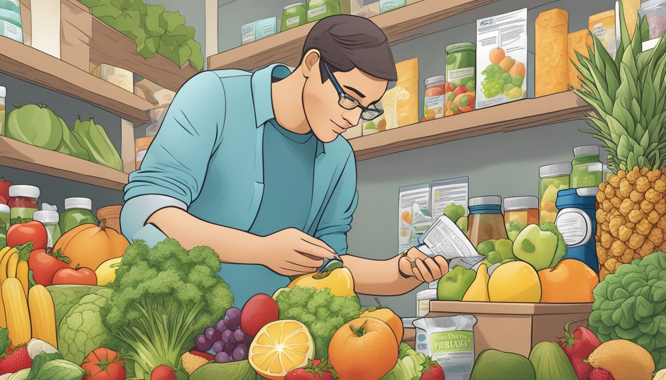 A person with diabetes examines a nutritional label on a fiber bar package. The bar is surrounded by various fruits and vegetables, highlighting the importance of understanding nutritional information for managing diabetes