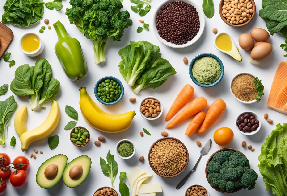 A colorful array of low carb foods, such as leafy greens, lean proteins, and healthy fats, arranged on a table with a bright backdrop