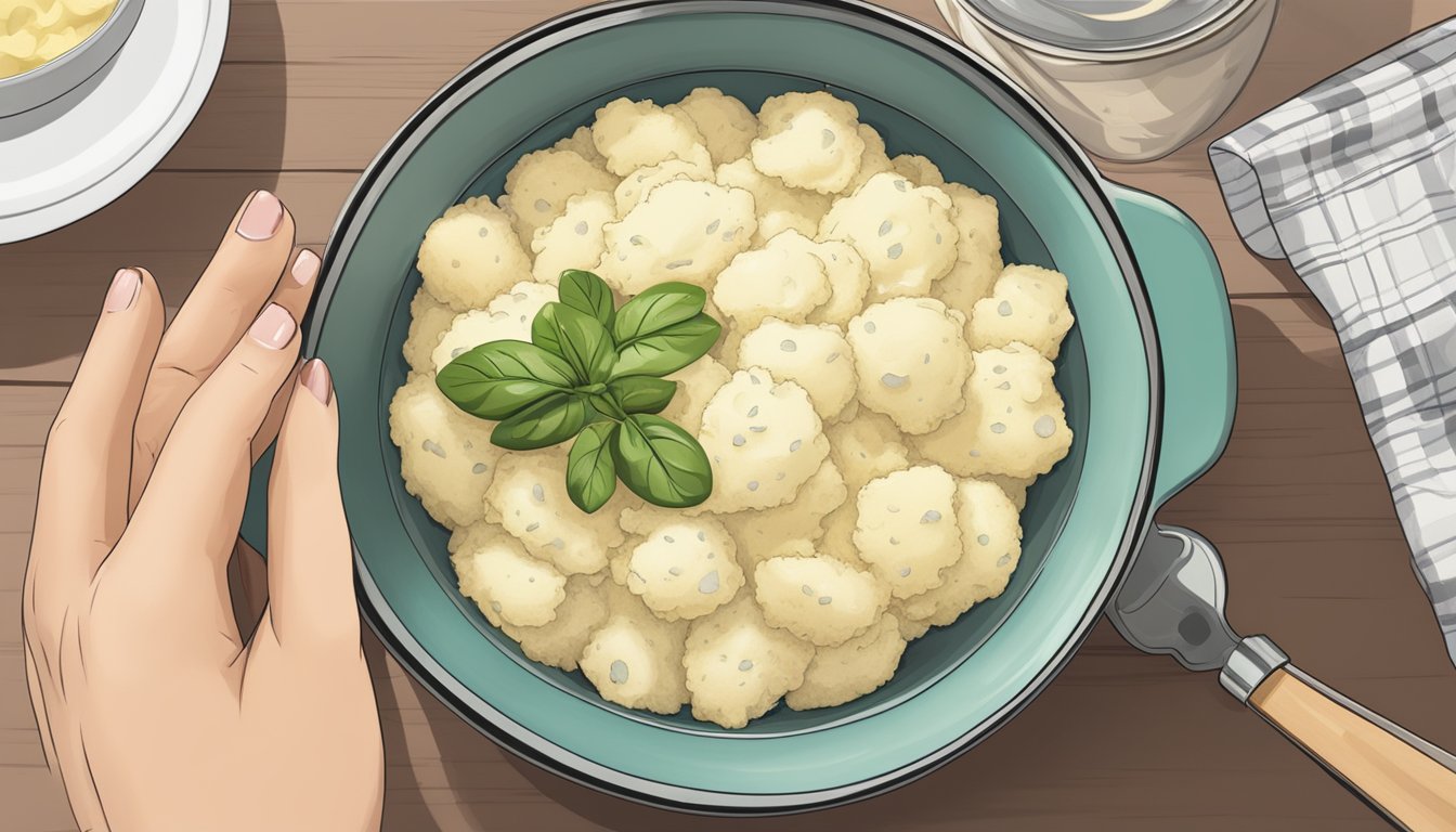 A bowl of instant mashed potatoes with a steaming pot and measuring cup nearby. A diabetic person's hand reaches for a serving