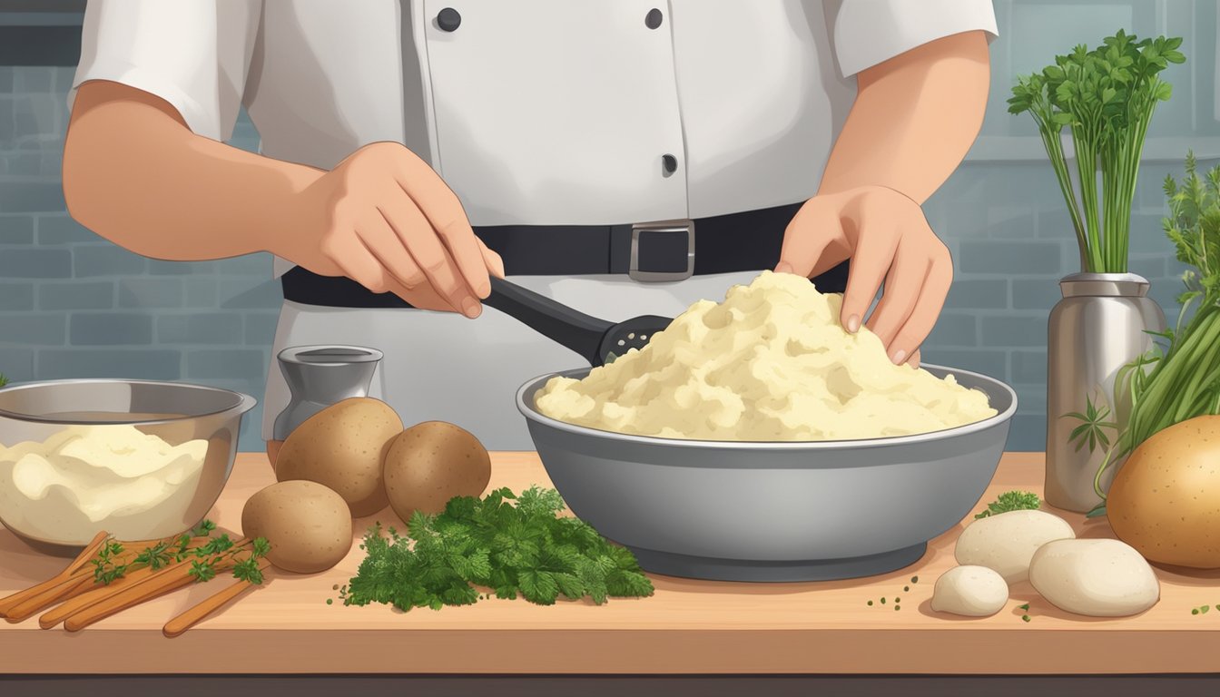 A person with diabetes holds a bowl of freshly mashed potatoes, surrounded by whole potatoes, a potato masher, and various herbs and spices on a kitchen counter