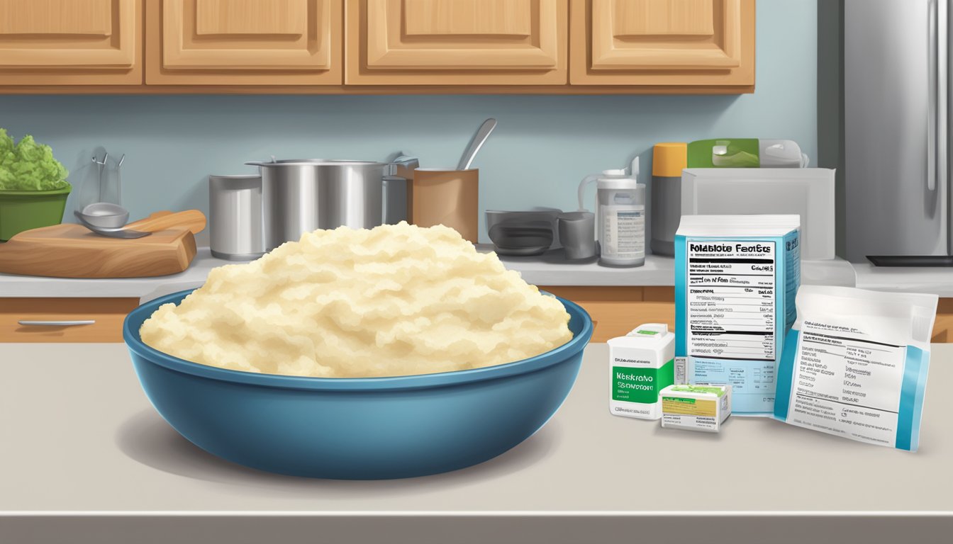 A kitchen scene with a box of instant mashed potatoes, a nutrition label, and a diabetic testing kit on the counter