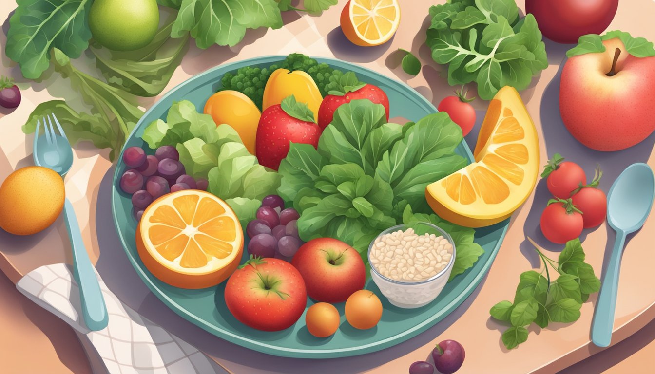 A colorful plate with a variety of diabetes-friendly foods, including leafy greens, lean protein, whole grains, and fresh fruits