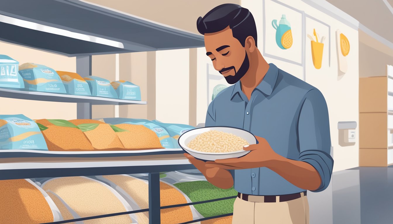 A person with diabetes holding a plate of whole grain rice while looking at a package of instant white rice, contemplating their dietary choices