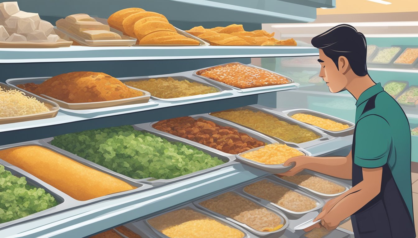 A person selecting a frozen enchilada meal from a grocery store freezer, surrounded by various other frozen meal options