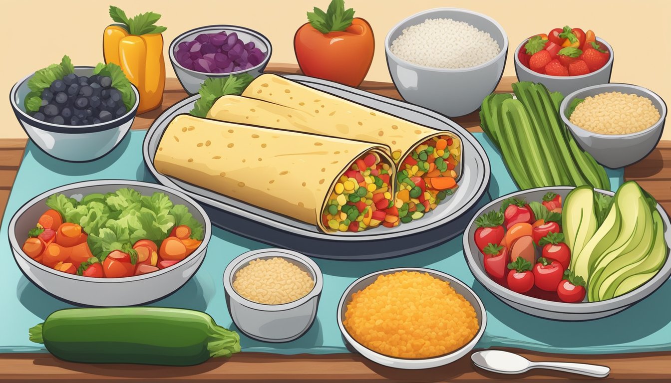 A plate of frozen enchiladas surrounded by a variety of colorful, fresh vegetables and fruits, with a measuring cup of whole grain rice on the side