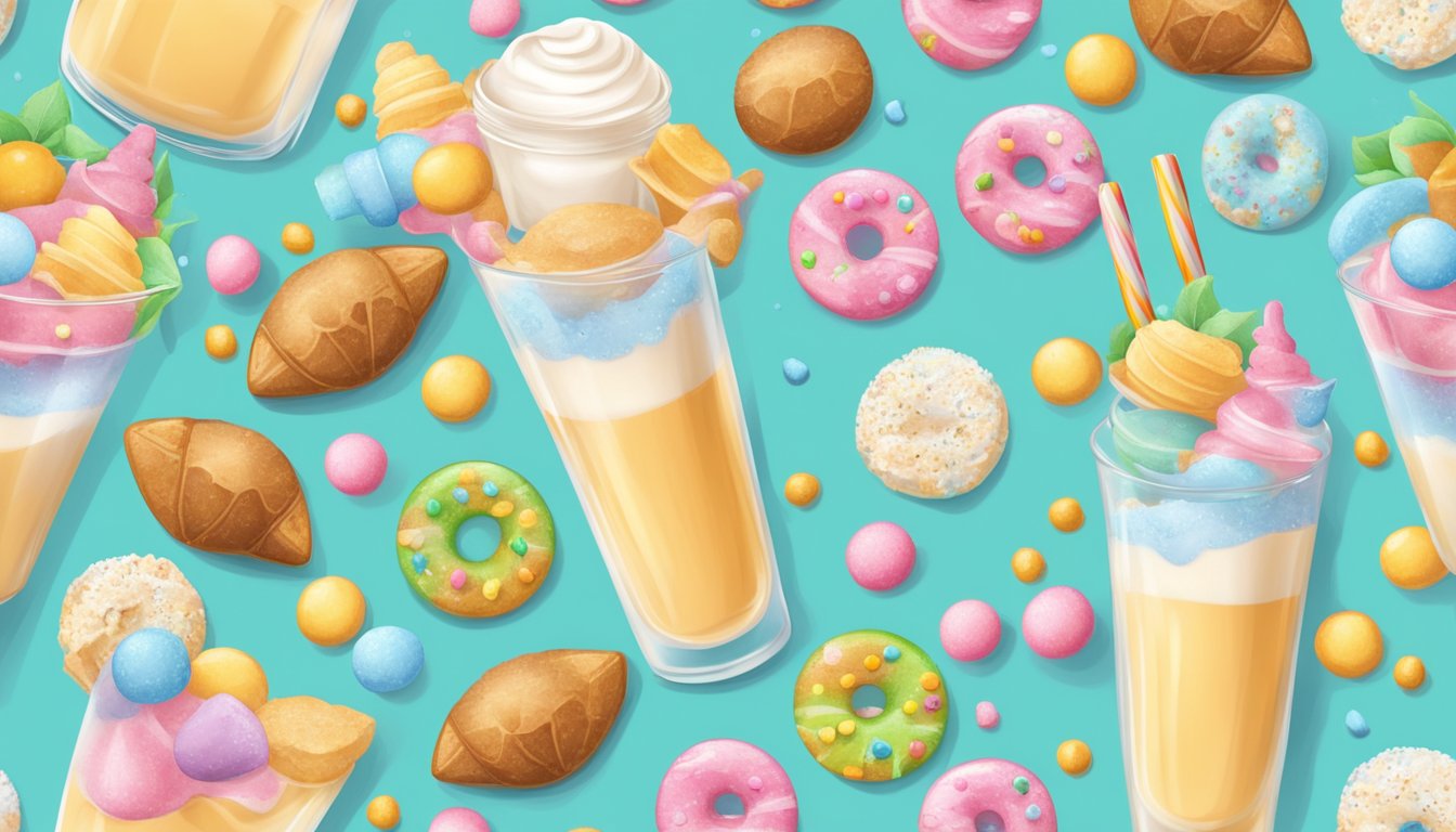 A glass of flavored milk surrounded by sugary treats