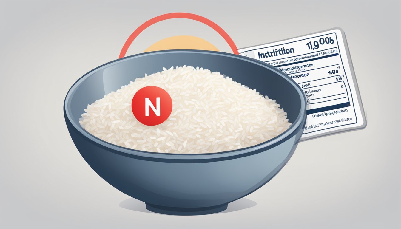 A bowl of instant white rice with a nutrition label and a red circle with a line through it, indicating it is not suitable for diabetics