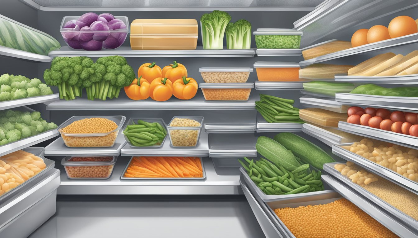 A variety of frozen meal options, including vegetables, lean proteins, and whole grains, displayed in a freezer section at the grocery store