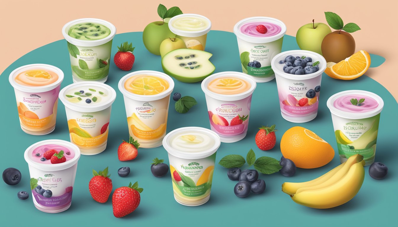 A variety of flavored yogurt cups surrounded by fresh fruits and nutritional information labels