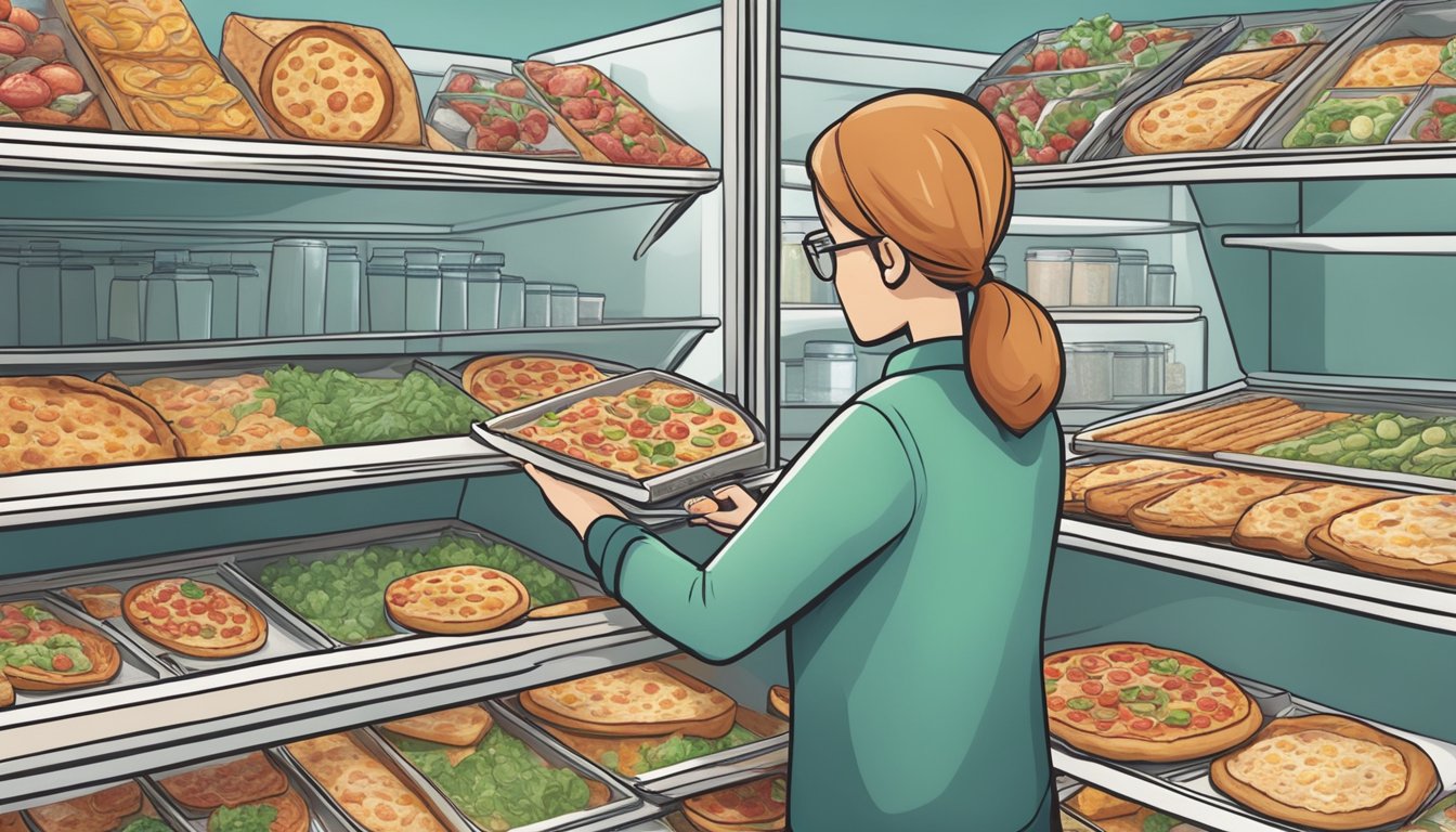 A person browsing a grocery store freezer, examining various frozen pizza options, with a focus on sugar and carbohydrate content for diabetics