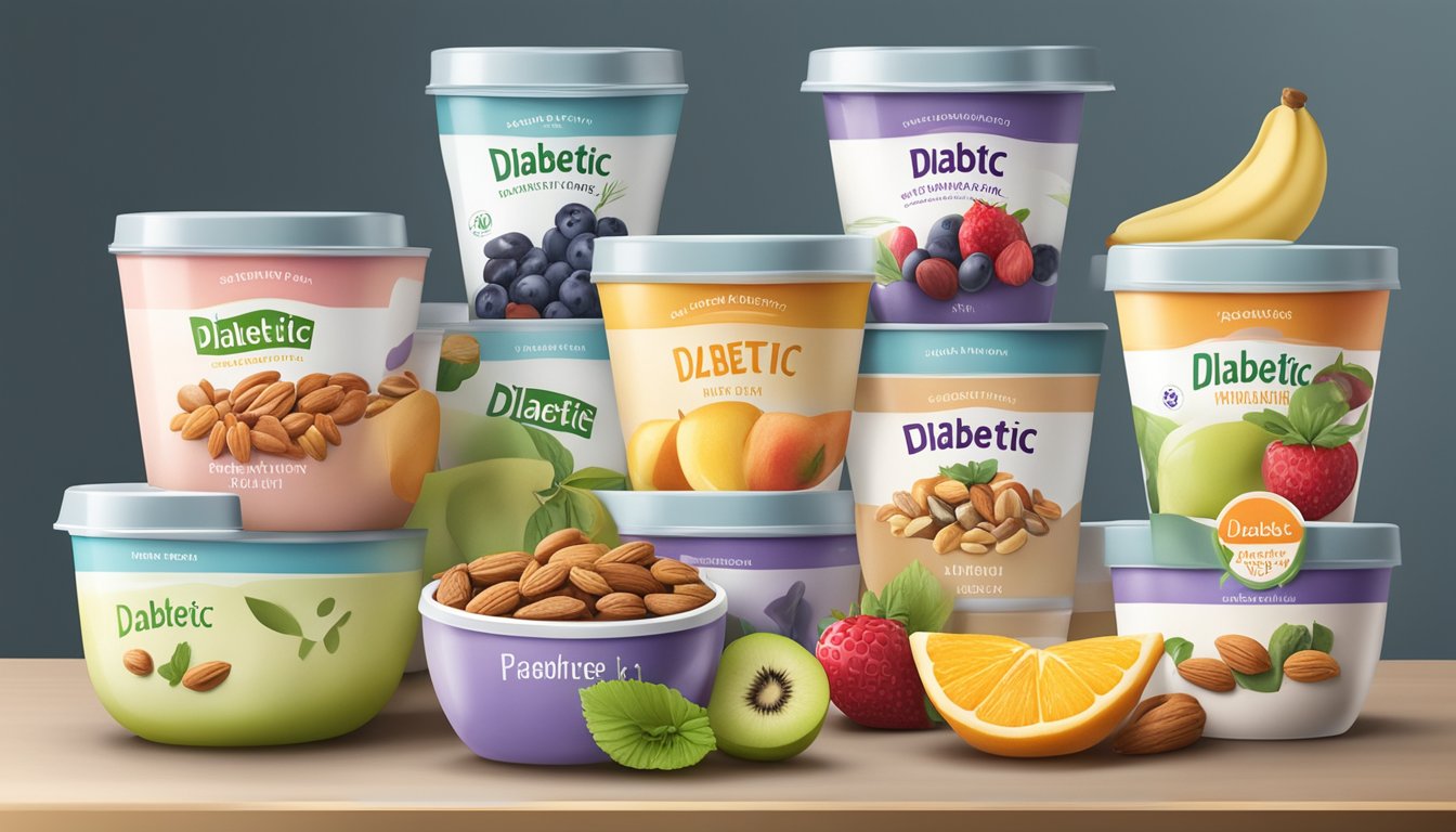 A bowl of assorted fruits and nuts next to a variety of flavored yogurts, with a "diabetic-friendly" label on one of the containers